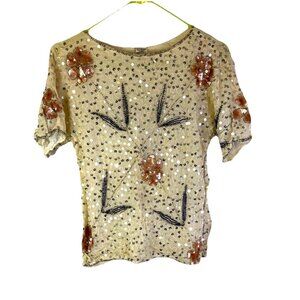 Vintage 80s Deco Gatsby Silk Embellished Floral Top Shirt